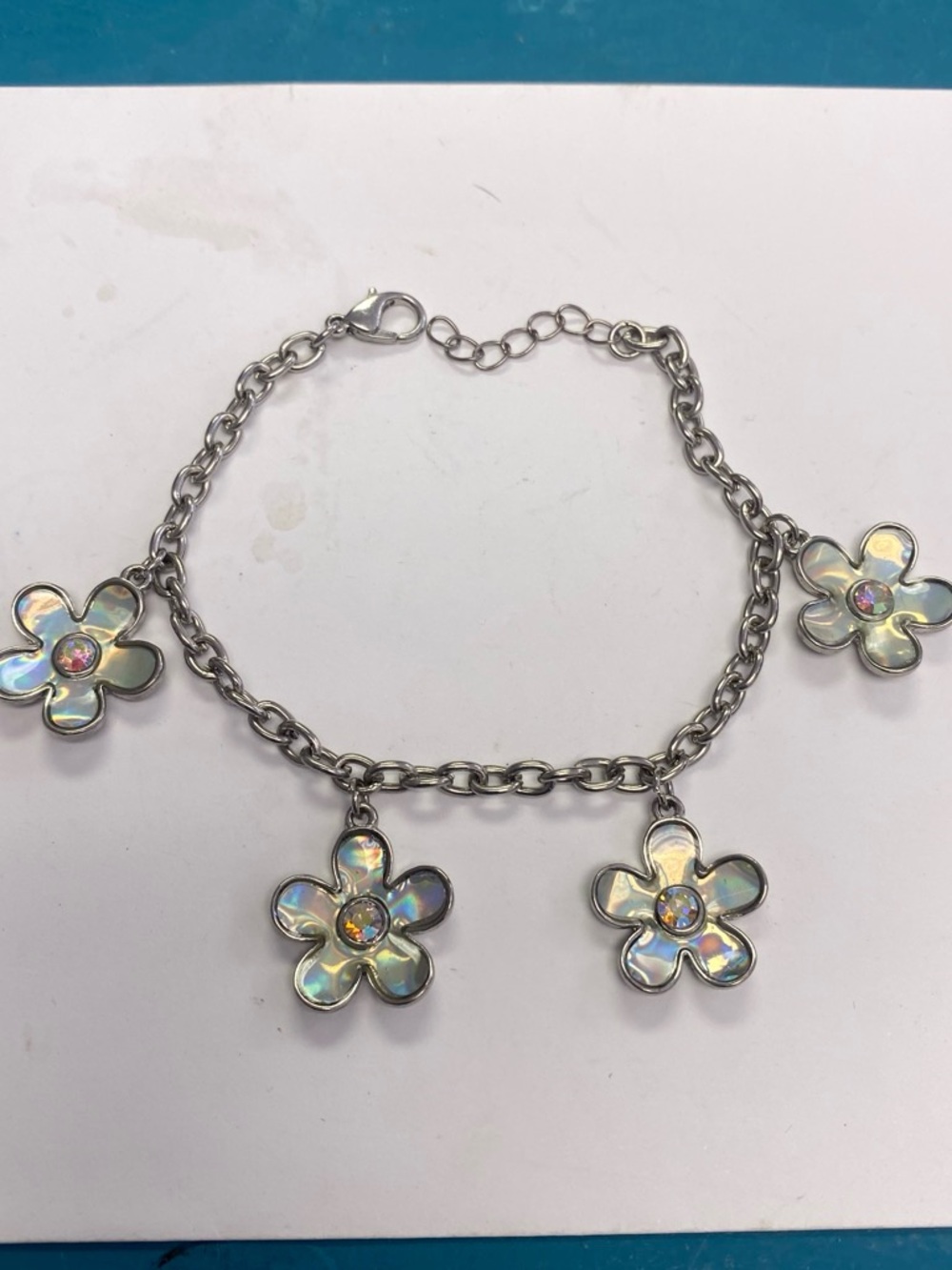 Silver-Tone Iridescent Flower Charm Bracelet